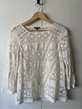 Express Women's Cream Crochet Lace Long Sleeve Blouse